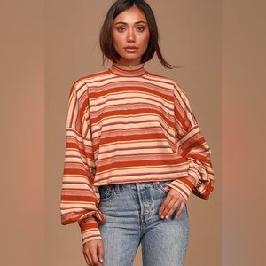 Free People Steph Coral Red Multi Striped Long Sleeve Tee, size XS